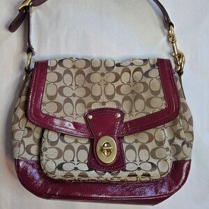 Coach F12857 Legacy Ali Shoulder Bag Khaki Signature Canvas Burgundy Patent